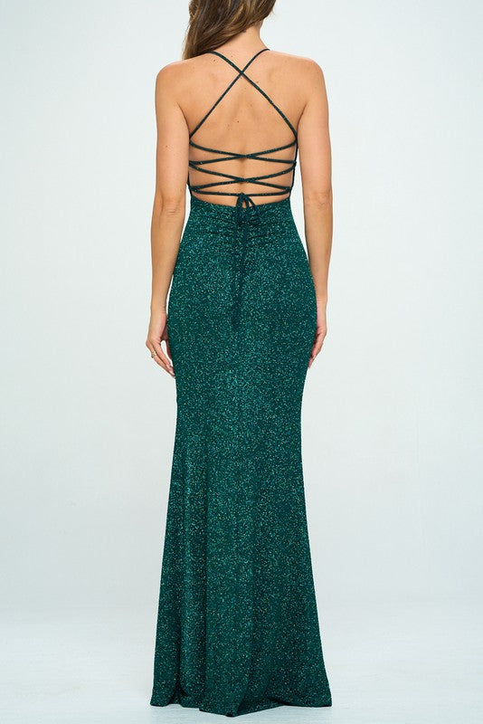 STYLED BY ALX COUTURE MIAMI BOUTIQUE Pine Glitter Ruched Back Lace Up Maxi Dress 