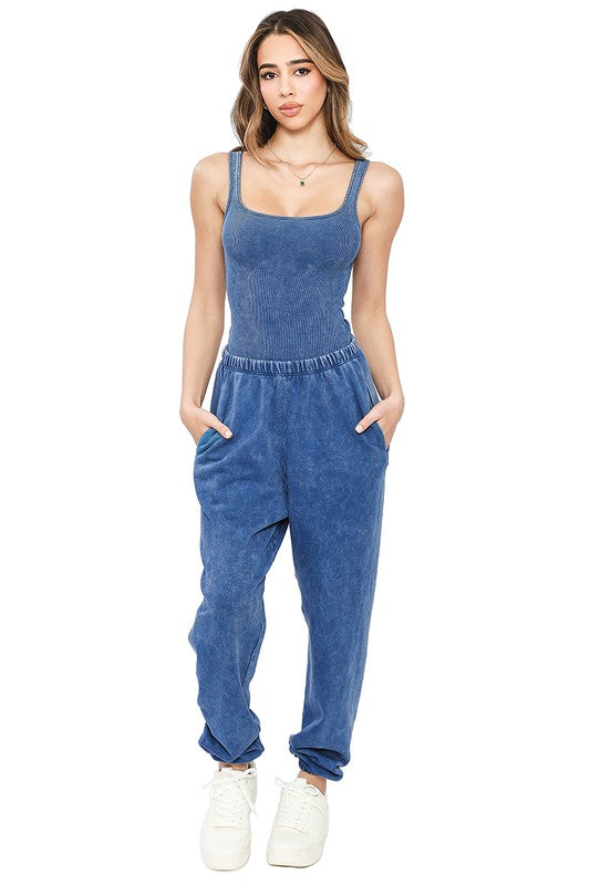 STYLED BY ALX COUTURE MIAMI BOUTIQUE Steel Blue Ribbed Bodysuit and French Terry Joggers