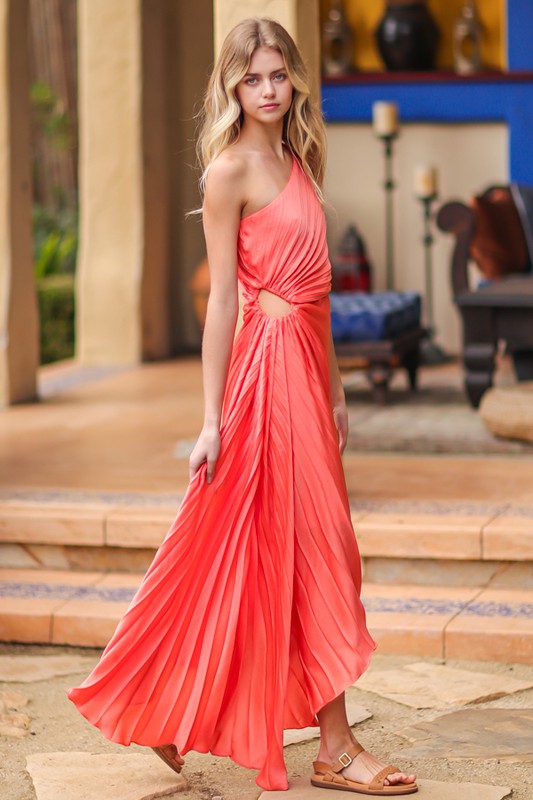 STYLED BY ALX COUTURE MIAMI BOUTIQUE Tangerine One Shoulder Cutout Pleat Midi Dress 