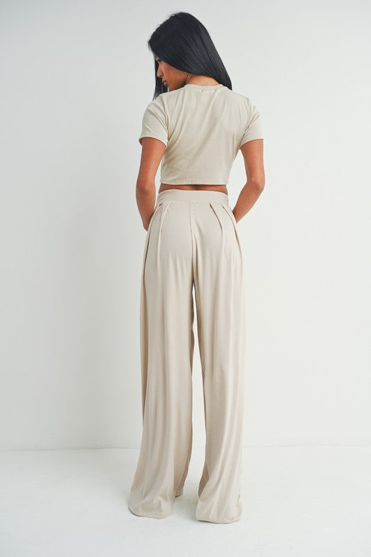 STYLED BY ALX COUTURE MIAMI BOUTIQUE Taupe Green Top Wide Leg Pants Set