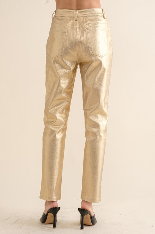 STYLED BY ALX COUTURE MIAMI BOUTIQUE Gold High-Rise Coated Ankle Jeans