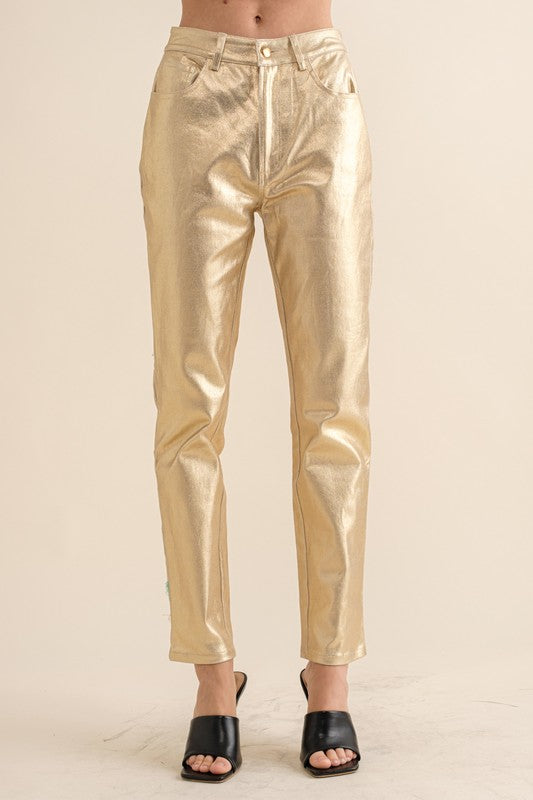 STYLED BY ALX COUTURE MIAMI BOUTIQUE Gold High-Rise Coated Ankle Jeans 