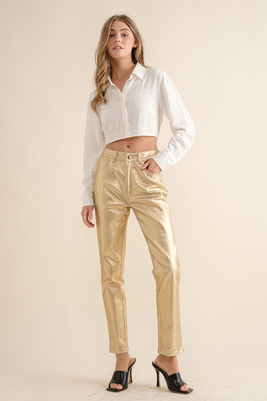 STYLED BY ALX COUTURE MIAMI BOUTIQUE Gold High-Rise Coated Ankle Jeans