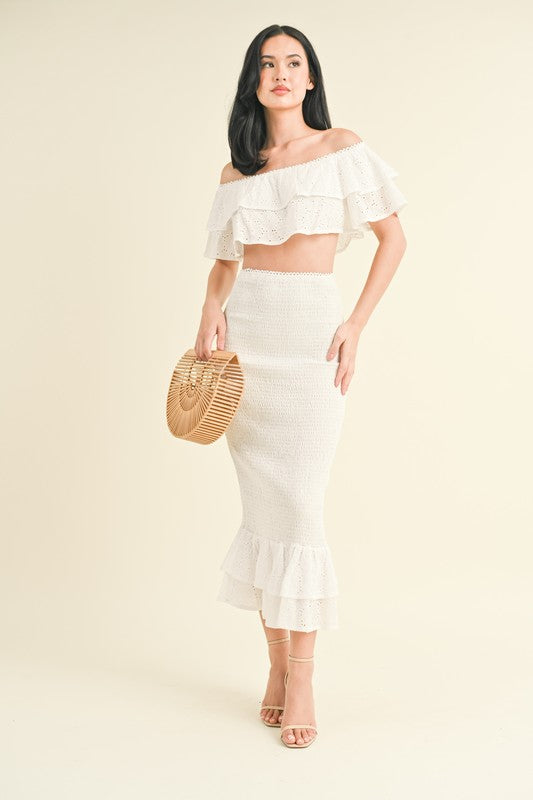 model is wearing White Lace Midi Skirt