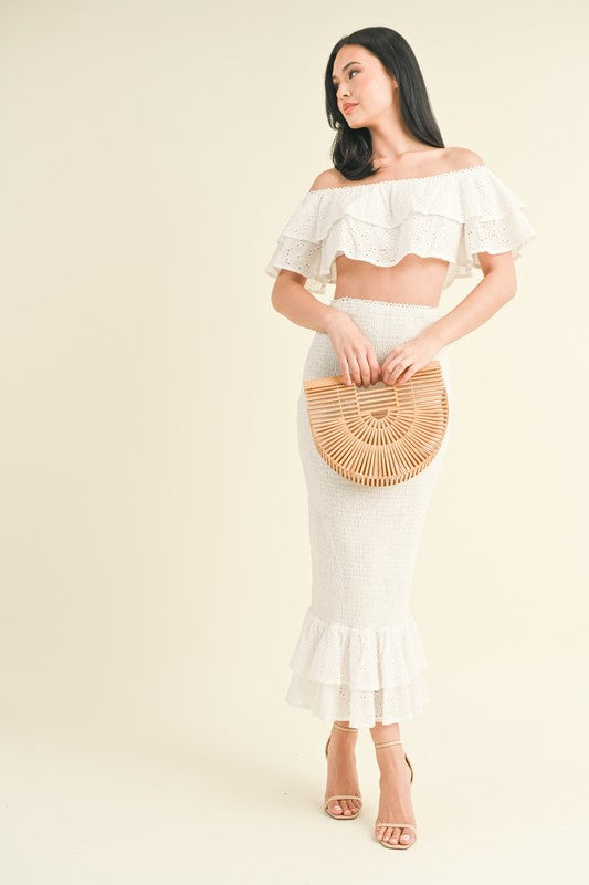 model is wearing White Lace Midi Skirt