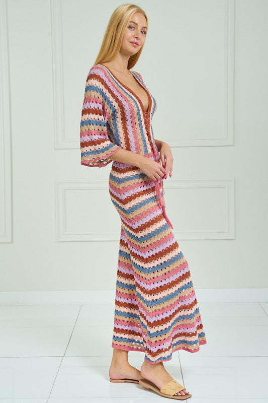 Pink Multi Crochet Striped Midi Dress