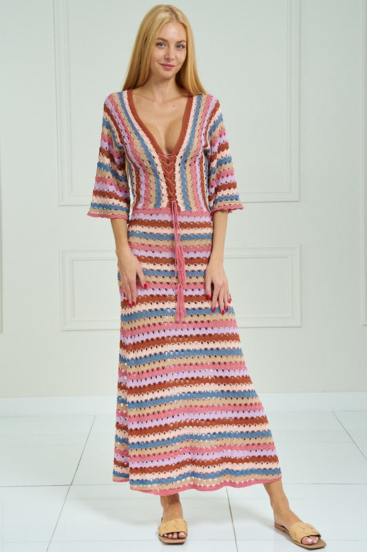 Pink Multi Crochet Striped Midi Dress