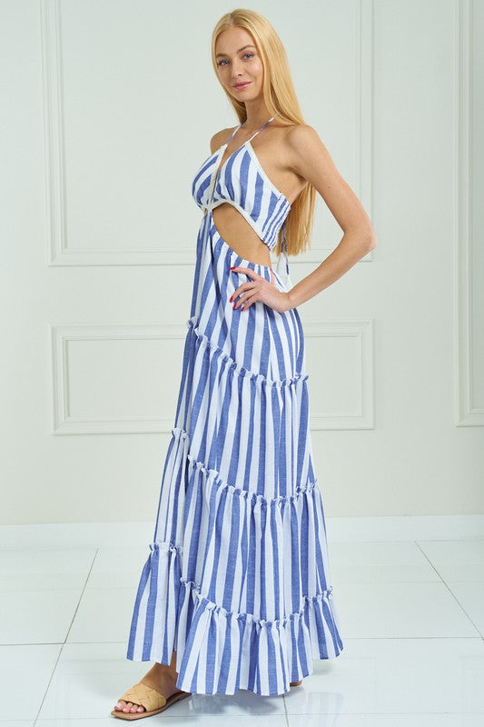 STYLED BY ALX COUTURE MIAMI BOUTIQUE Blue Strip Cutout Maxi Halter Dress in Stripes