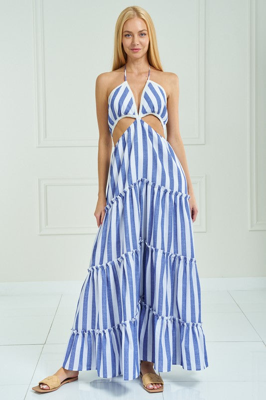 STYLED BY ALX COUTURE MIAMI BOUTIQUE Blue Strip Cutout Maxi Halter Dress in Stripes *PRE*