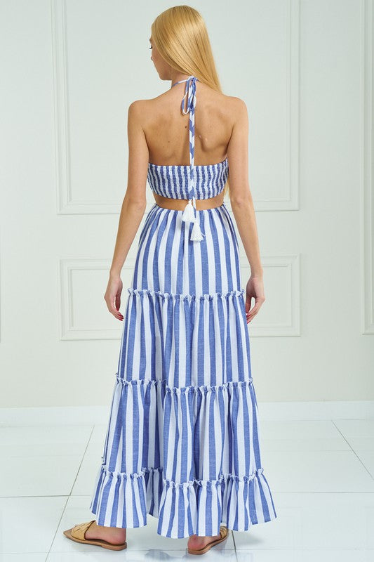 STYLED BY ALX COUTURE MIAMI BOUTIQUE Blue Strip Cutout Maxi Halter Dress in Stripes