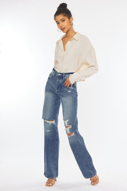 STYLED BY ALX COUTURE MIAMI BOUTIQUE Medium Denim Ultra High Rise 90s Wide Leg Flare Jeans