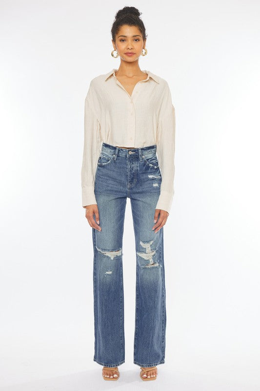 STYLED BY ALX COUTURE MIAMI BOUTIQUE Medium Denim Ultra High Rise 90s Wide Leg Flare Jeans 