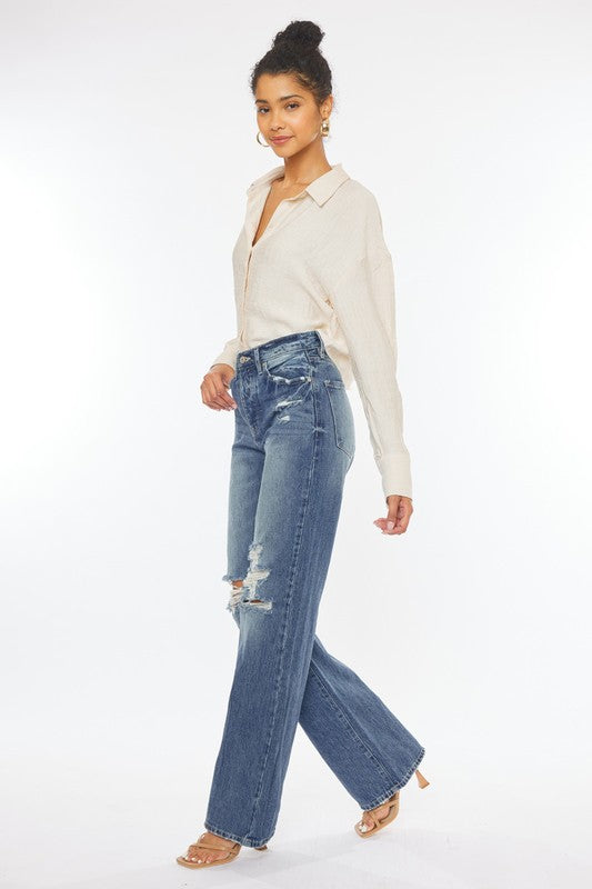 STYLED BY ALX COUTURE MIAMI BOUTIQUE Medium Denim Ultra High Rise 90s Wide Leg Flare Jeans