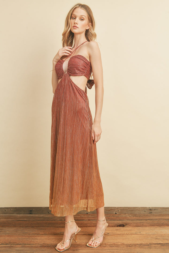 STYLED BY ALX COUTURE MIAMI BOUTIQUE Rust gold shimmer cutout midi dress with back tie up and halter neck midi dress