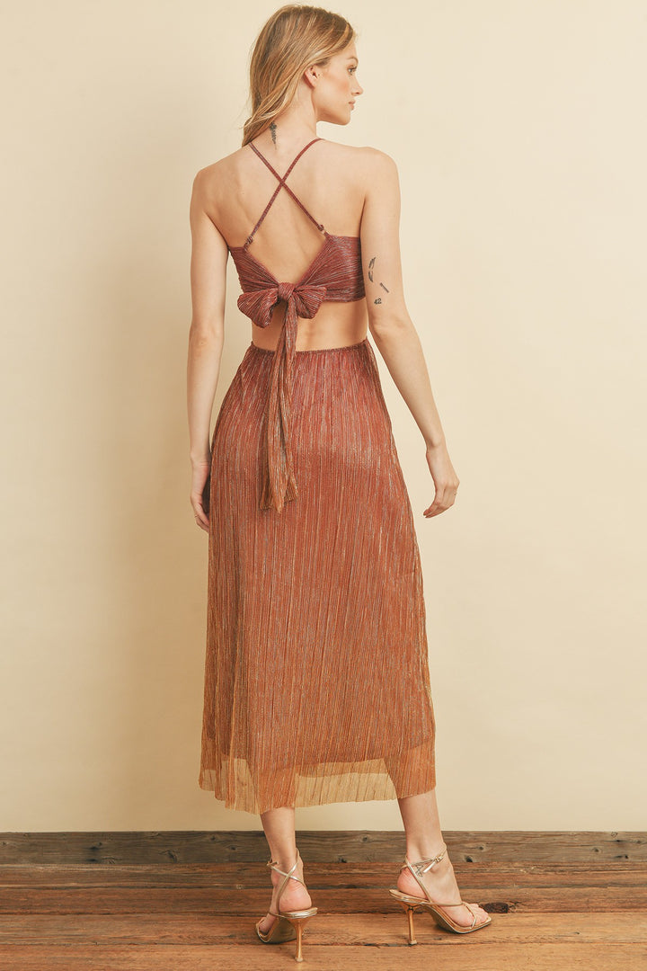 STYLED BY ALX COUTURE MIAMI BOUTIQUE Rust gold shimmer cutout midi dress with back tie up and halter neck midi dress