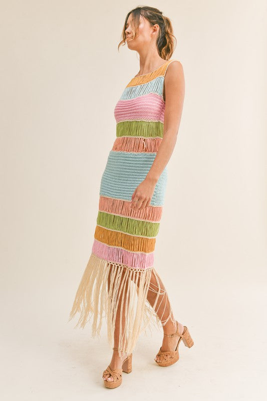STYLED BY ALX COUTURE MIAMI BOUTIQUE Multi Color Fringed Crochet Knit Dress