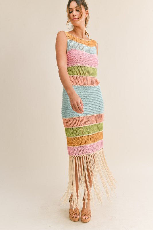 STYLED BY ALX COUTURE MIAMI BOUTIQUE Multi Color Fringed Crochet Knit Dress