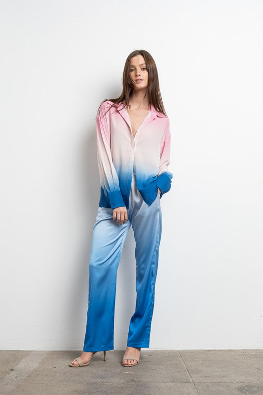 STYLED BY ALX COUTURE MIAMI BOUTIQUE Pink White Blue Ombre Satin Blouse