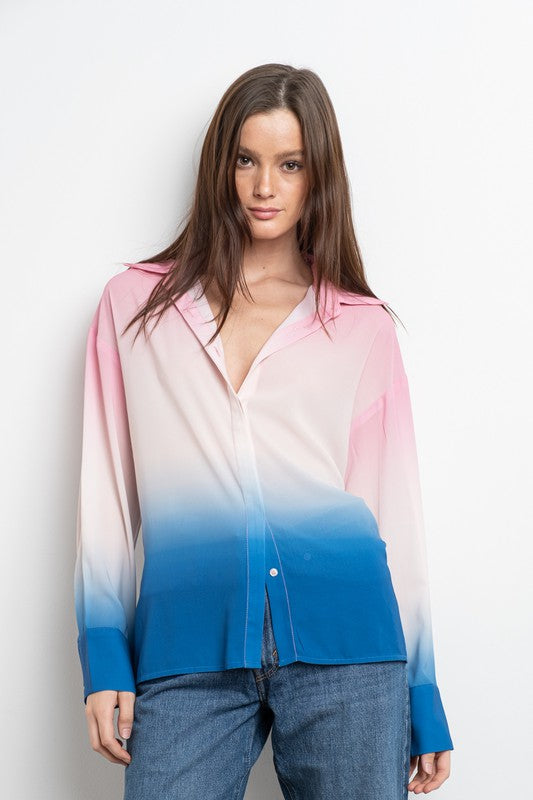 STYLED BY ALX COUTURE MIAMI BOUTIQUE Pink White Blue Ombre Satin Blouse
