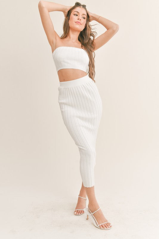 STYLED BY ALX COUTURE MIAMI BOUTIQUE Off White Knit Tube Top Maxi Skirt Set 