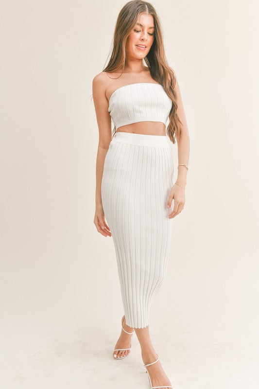STYLED BY ALX COUTURE MIAMI BOUTIQUE Off White Knit Tube Top Maxi Skirt Set