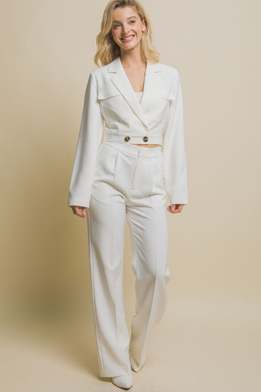model is wearing White Regular-Fit Dress Pants with matching blazer top and white heels