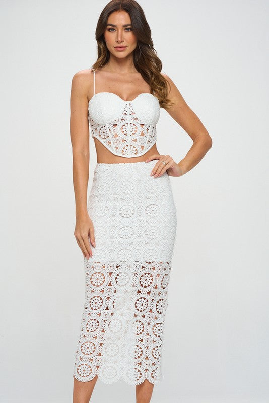 STYLED BY ALX COUTURE MIAMI BOUTIQUE Model is wearing White Crochet Top and Midi Skirt Set