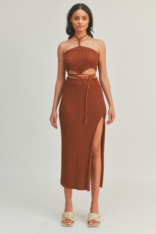 STYLED BY ALX COUTURE MIAMI BOUTIQUE Cognac Knit Halter Top Maxi Skirt Set 