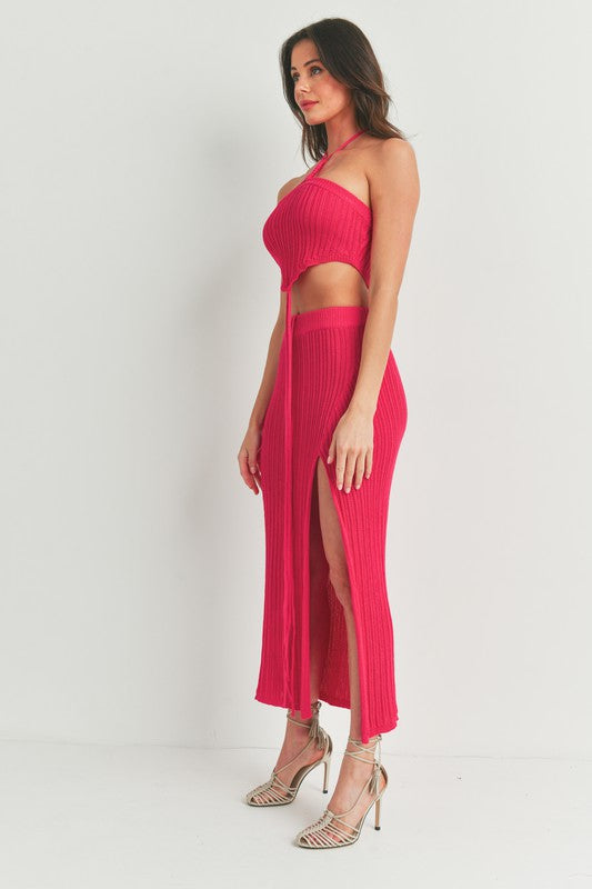 STYLED BY ALX COUTURE MIAMI BOUTIQUE Cognac Knit Halter Top Maxi Skirt Set *PRE*