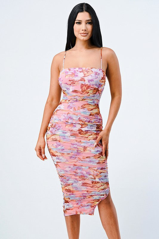 STYLED BY ALX COUTURE MIAMI BOUTIQUE Pink Floral Chiffon Slitted Ruched Midi Dress 