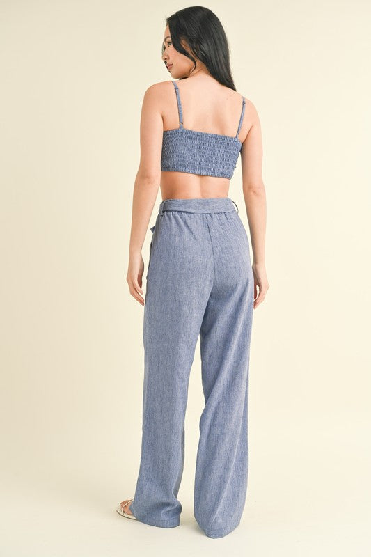 back view of the model is wearing Blue Crop Top Pants Set