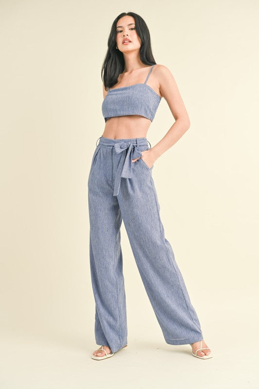model is wearing Blue Crop Top Pants Set