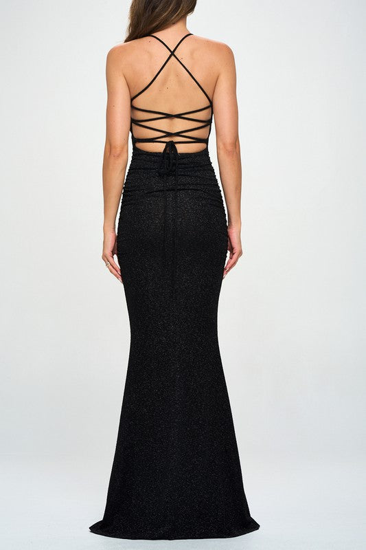 STYLED BY ALX COUTURE MIAMI BOUTIQUE Black Glitter Bow Lace Up Mermaid Maxi Dress