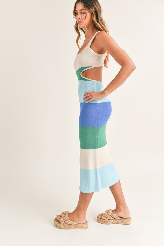 side of the Blue Multi Color Block Backless Midi Dress