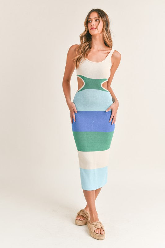 model wearing Blue Multi Color Block Backless Midi Dress