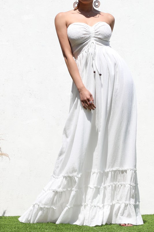 model is wearing Off White Smocked Maxi Dress