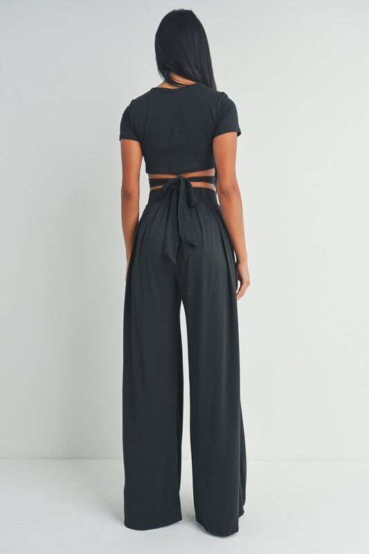 STYLED BY ALX COUTURE MIAMI BOUTIQUE Black Crossed Waist Detail Top and Palazzo Pants Set