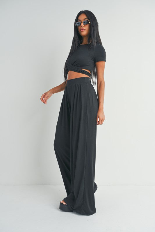 STYLED BY ALX COUTURE MIAMI BOUTIQUE Black Crossed Waist Detail Top and Palazzo Pants Set