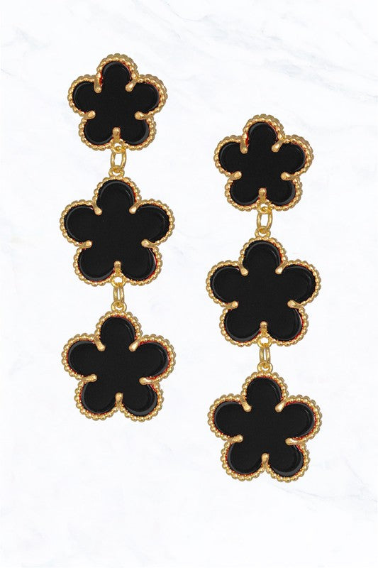 black and gold Clover Three Tier Chandelier Earrings 