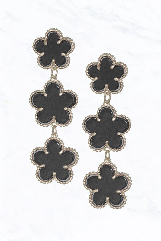 black and silver Clover Three Tier Chandelier Earrings 