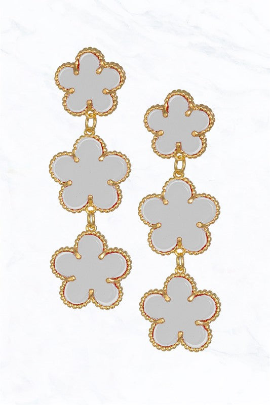 white and gold Clover Three Tier Chandelier Earrings 