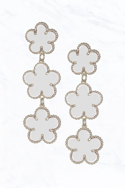 white and silver Clover Three Tier Chandelier Earrings 