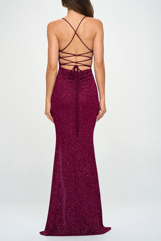 STYLED BY ALX COUTURE MIAMI BOUTIQUE Magenta Glitter Ruched Back Lace Up Maxi Dress