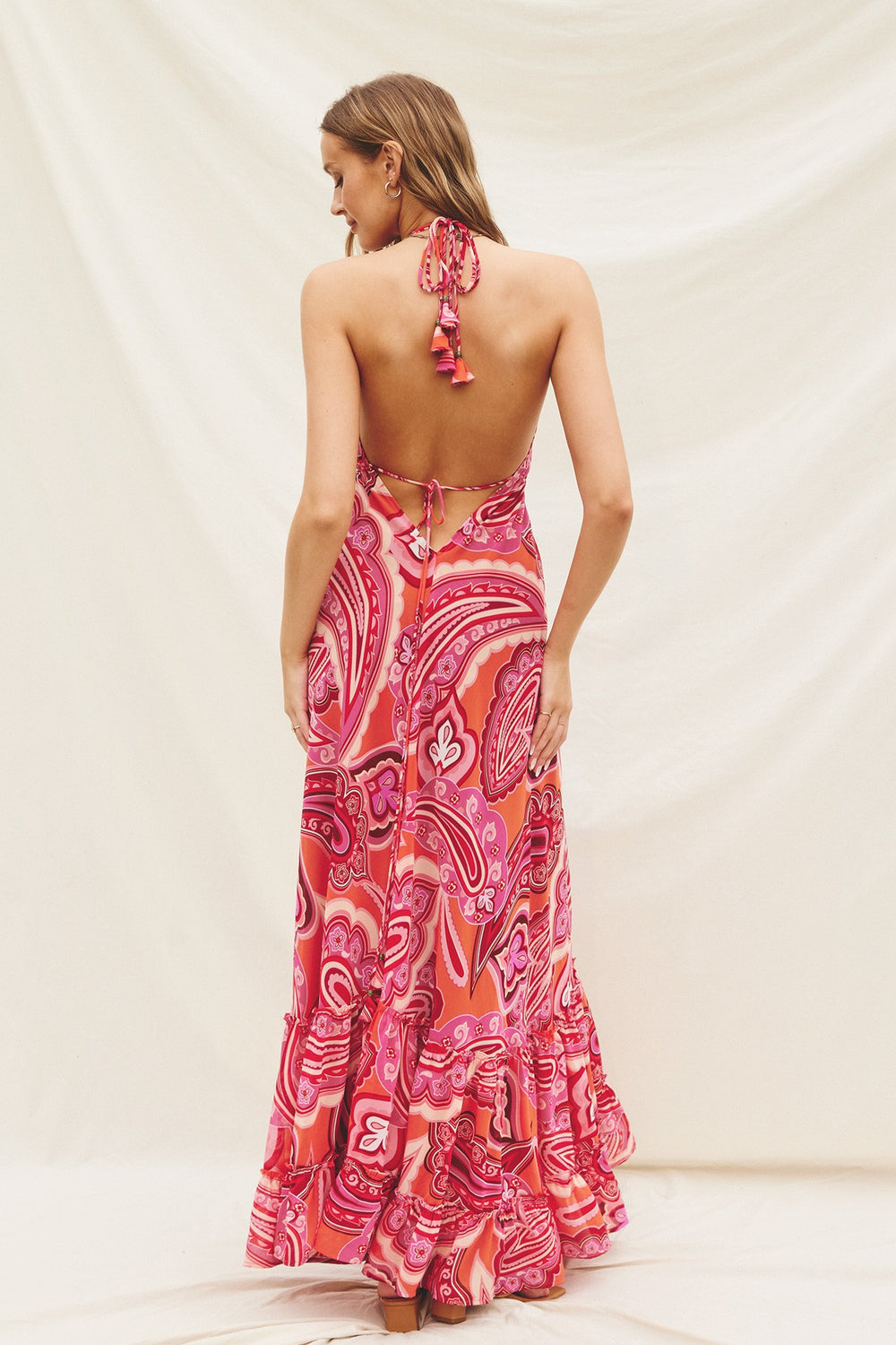 STYLED BY ALX COUTURE MIAMI BOUTIQUE Cosmo Orange Papirka Halter Cinched Maxi Dress