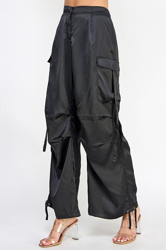 STYLED BY ALX COUTURE MIAMI BOUTIQUE Black Satin Utility Cargo Pants