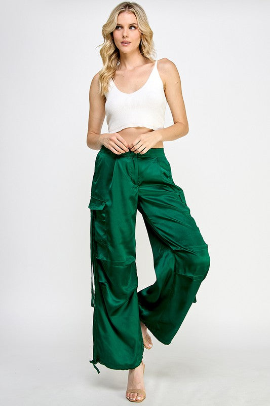 STYLED BY ALX COUTURE MIAMI BOUTIQUE Kelly Green Satin Utility Cargo Pants