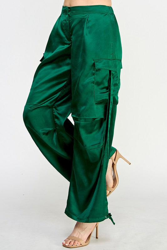 STYLED BY ALX COUTURE MIAMI BOUTIQUE Kelly Green Satin Utility Cargo Pants
