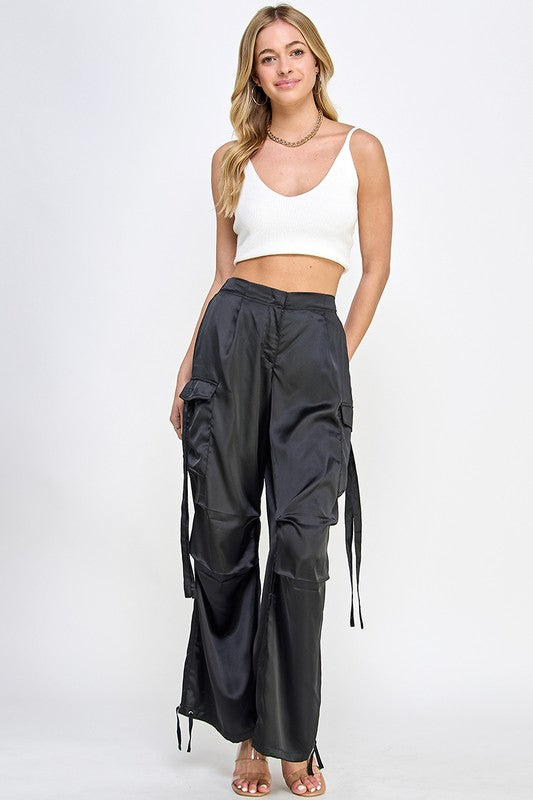 STYLED BY ALX COUTURE MIAMI BOUTIQUE Black Satin Utility Cargo Pants 