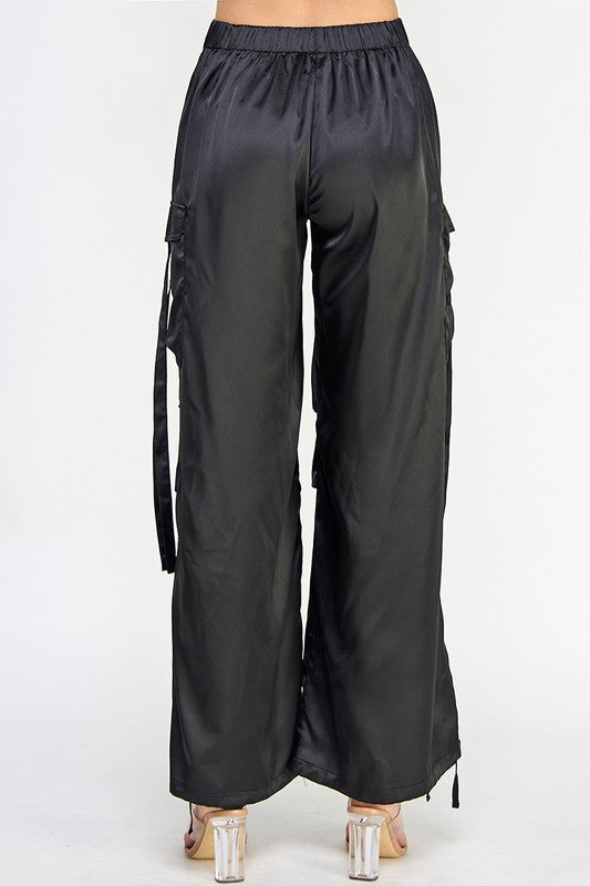 STYLED BY ALX COUTURE MIAMI BOUTIQUE Black Satin Utility Cargo Pants
