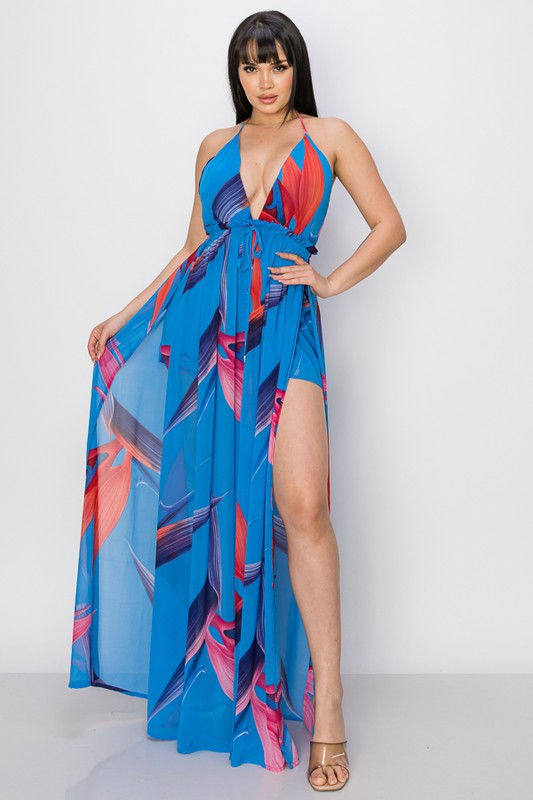 model is wearing Blue Printed Chiffon Romper Dress with heels 